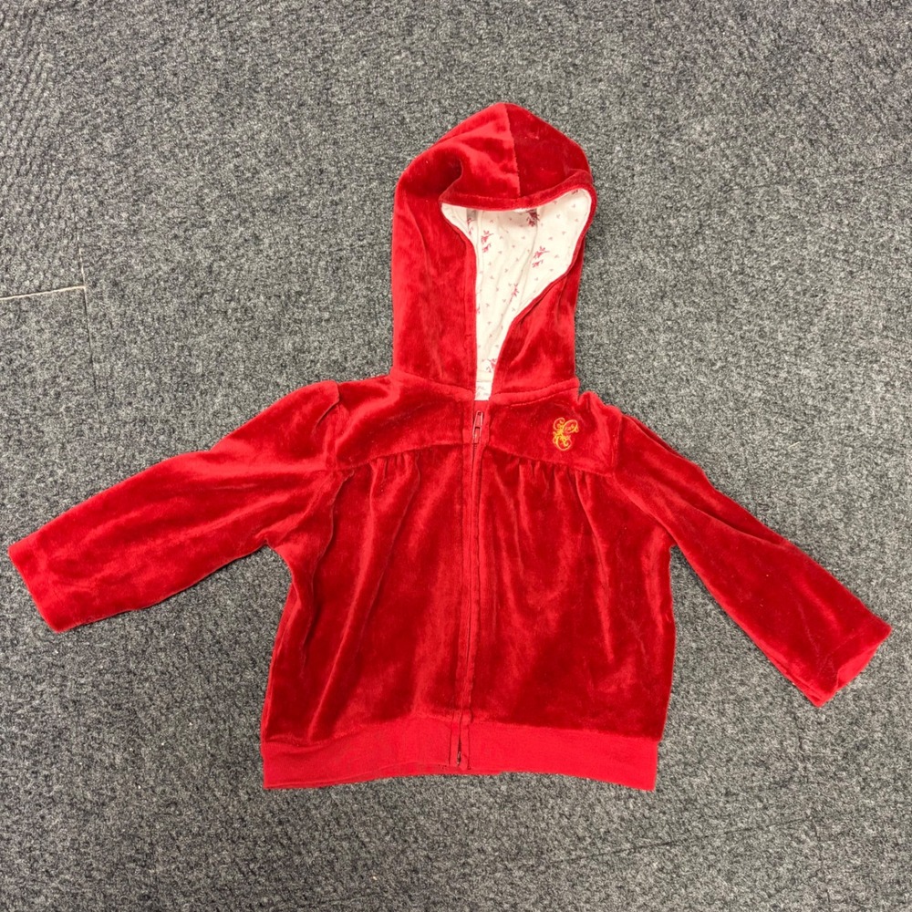 Chaps Baby Girls Red Velour Zip Up Hoodie Floral Lined Sweatshirt 9M
